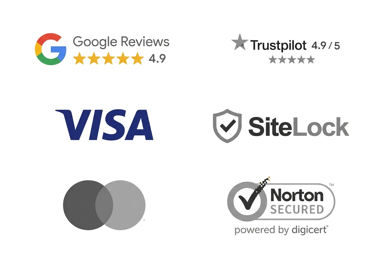 Google Reviews, Trustpilot, Visa, SiteLock, Mastercard et Norton Secure